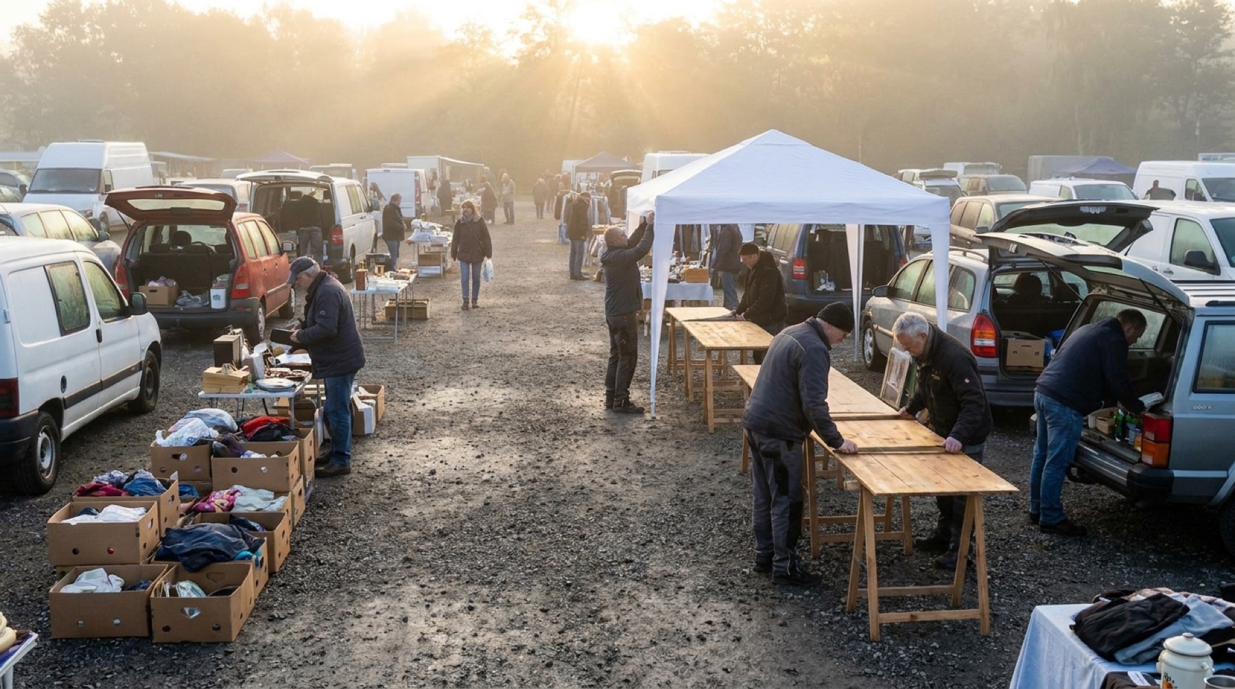 Anfahrt und Aufbau am frühen Morgen